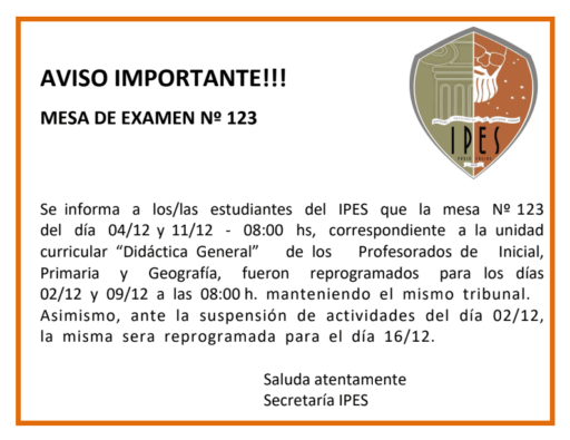 AVISO IMPORTANTE – Reprogramacion de MESA N° 123